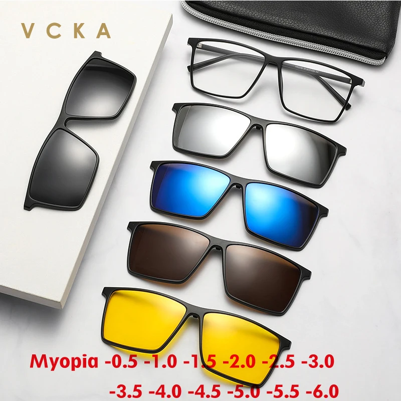 VCKA Großen Platz Myopie Sonnenbrille Männer Polarisierte 6 In 1 Frauen Optische Magnetische Clip auf Brillen Rahmen-0,5 ZU-10