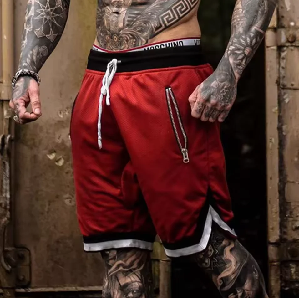 Men Sports Shorts Knee Length Basketball Shorts Men Striped Loose Running Sport Gym Mesh Breathable Fitness Training Workout Bottom Male