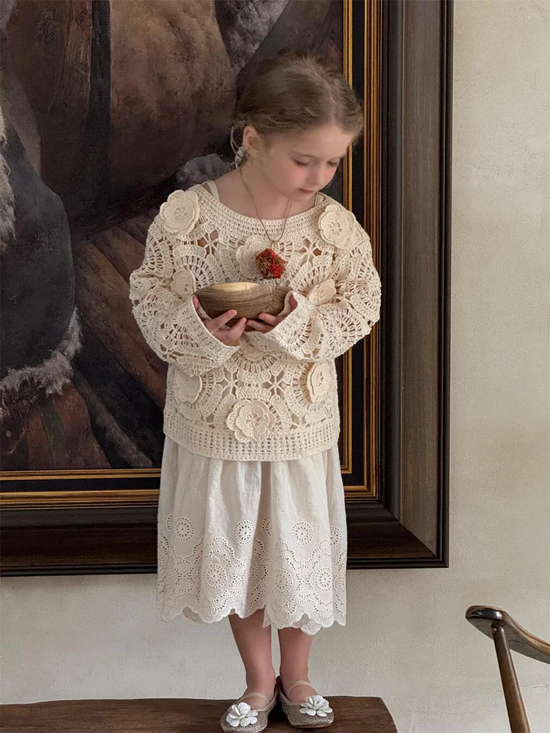 Girls Knitted Floral Sweater Pullover Top