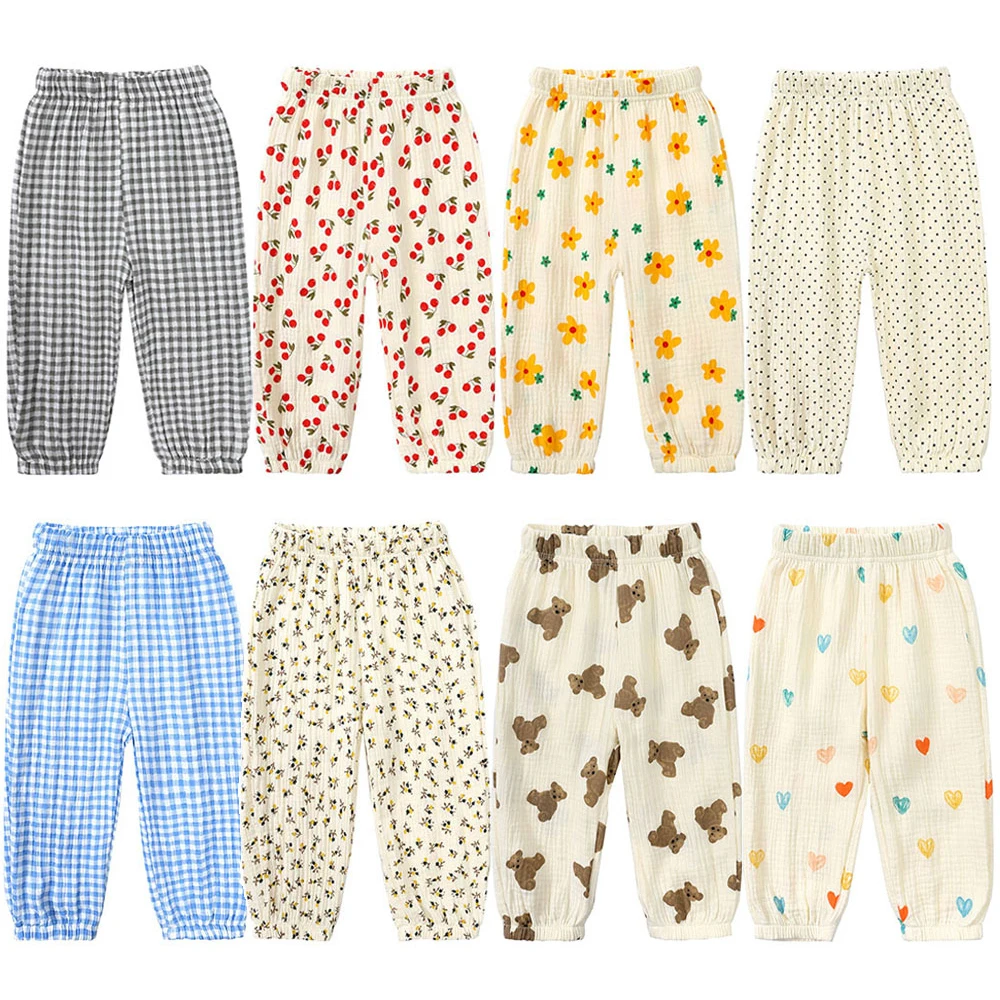 Children Summer Linen Pants Solid Print Bear Cartoon Breathable Teenage Outfits Clothes Korean Kids Boys Girls Trousers