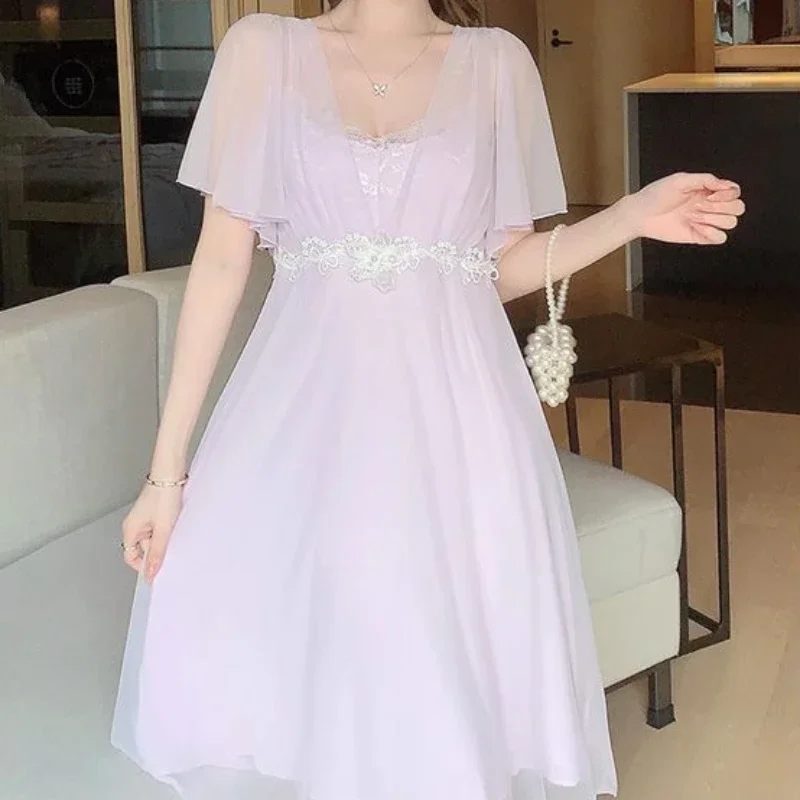 Princess Sleepwear Nightwear Summer Solid Color Short Sleeve Night Dress Women Lace Round Neck Nightdress Fairy Mesh Nightgown