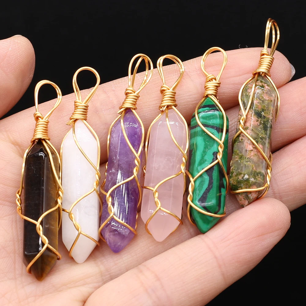 

6PCS Randomly Send Charming Natural Stone Hexagonal Prism Pendant Jewelry Making Necklace Earrings Accessories Gift 10x45mm
