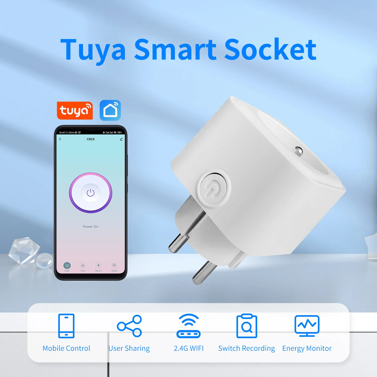 ปลั๊กไฟอัจฉริยะ Tuya WiFi แบบ EU 16A พร้อมฟังก์ชันตรวจสอบพลังงาน ตั้งเวลา ควบคุมบ้านอัจฉริยะ รองรับ Alexa, Google Voice และ Home Assistant 1