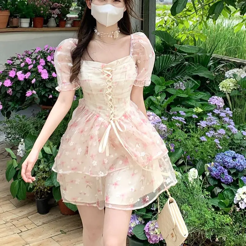 

2023 Women's New Dress French Fashion Gentle Style Sweet Floral Gauze High Waist Cake Free Shipping