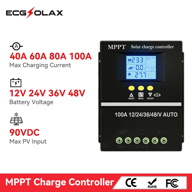 ECGSOLAX 40A 60A 80A 100A MPPT Solar Charge Controller 12V 24V 36V 48V Auto With Dual USB Solar Panel Regulator Max PV 90VDC