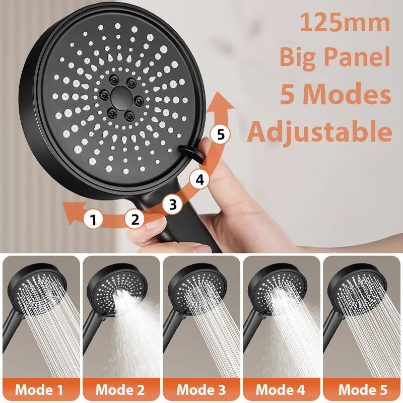 ShowerHeadHighPressure5ModesAdjustableSilverBlackShowerLarge