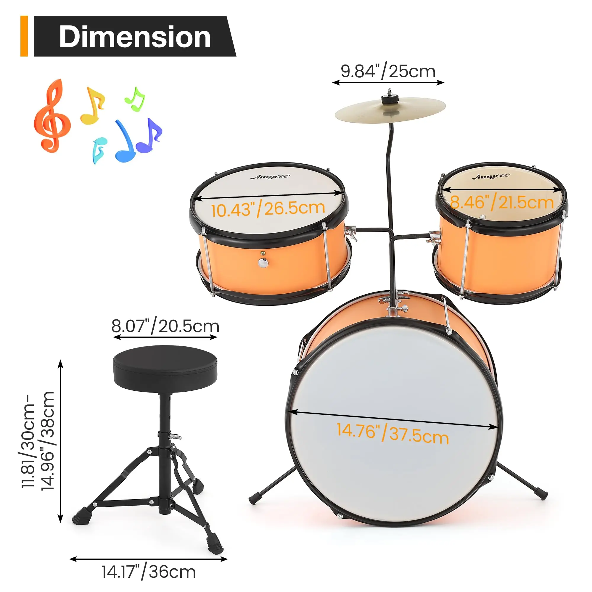 Drum Set for Children, 3 Drum Acoustic Set, Wood and Metal Design, Yellow Finish, for Early Music Learning, Home Practice