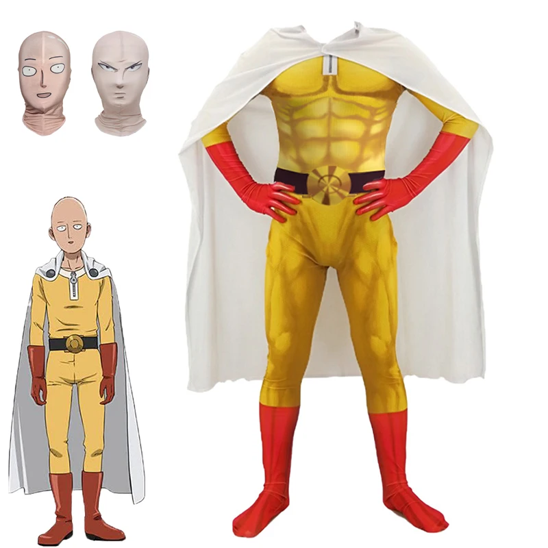 One Punch Man Cosplay Saitama Costume Jumpsuit Cloak Mask Headgear Anime Role Play Uniform Halloween Christmas Carnival Full Set