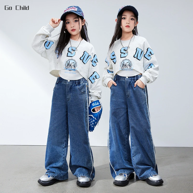 

Girls Hip Hop Crop Top Loose Jeans Kids Street Dance Denim Pants Children Streetwear Costumes Teen Jazz Fashion Clothes Sets