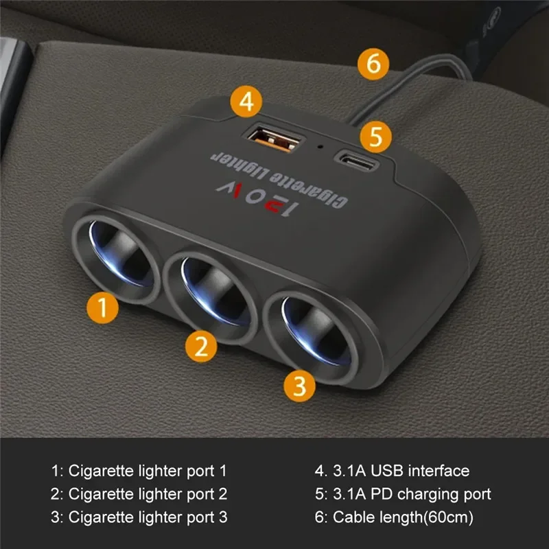 car charger 3 in 1 Dual USB Socket 120W Car Cigarette Lighter Splitter 12V 24V Fast Charger Plug Phone Power Adapter for Car DVR GPS Dashcam