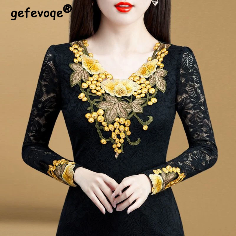 

Women Korean Fashion Vintage Sexy Lace Embroidery Basic T-shirt Autumn Winter Elegant V Neck Long Sleeve Slim Tops Ropa De Mujer