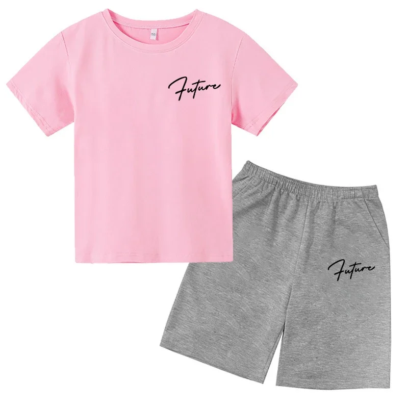 thumbnail image 1 of Conjunto de 2 piezas de camiseta y pantalones cortos informales con estampado de letras para niños y adolescentes a la moda para verano, 1 of 5