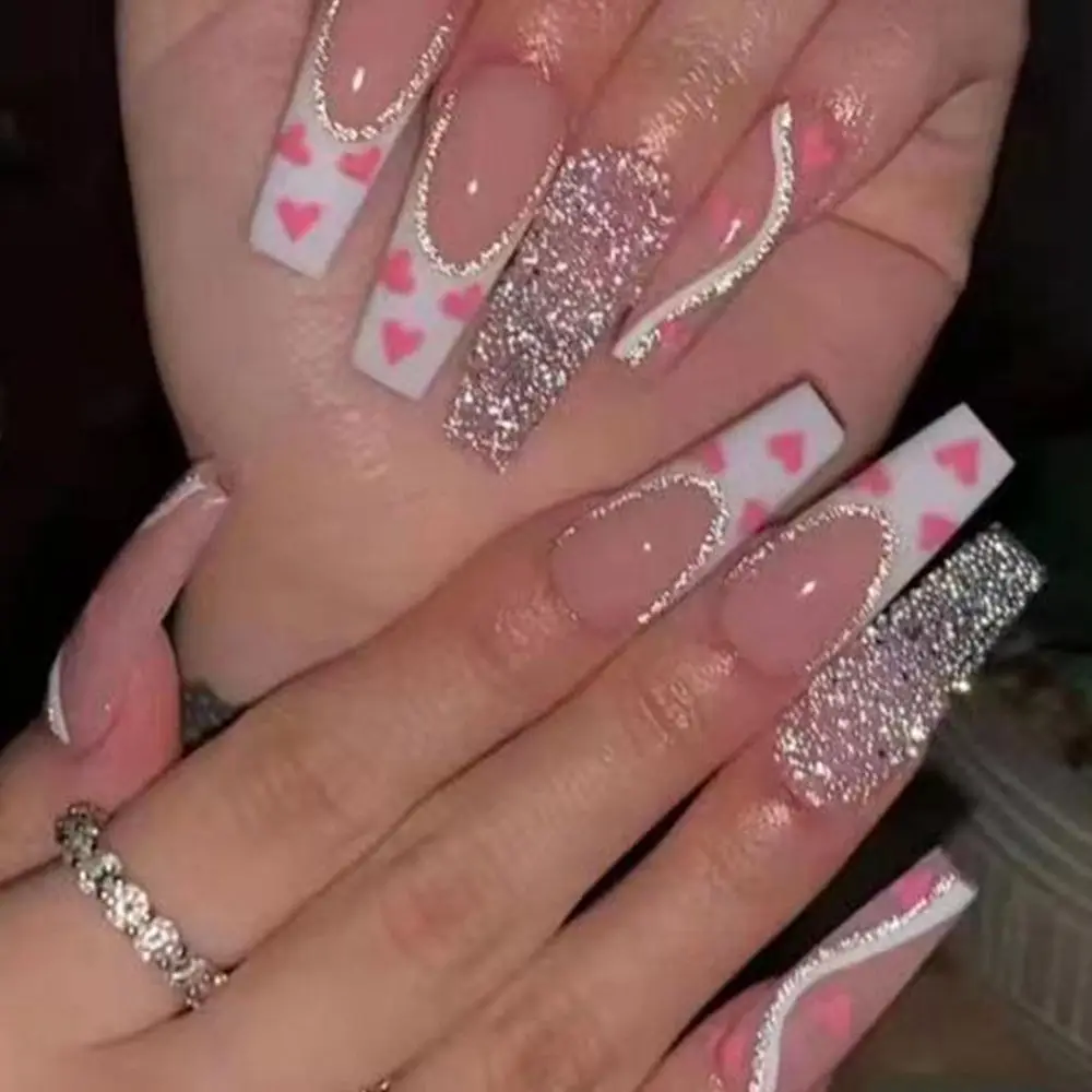 24pcsBoxGlitterCoffinFalseNailsPinkWhiteHeartDesignFrench