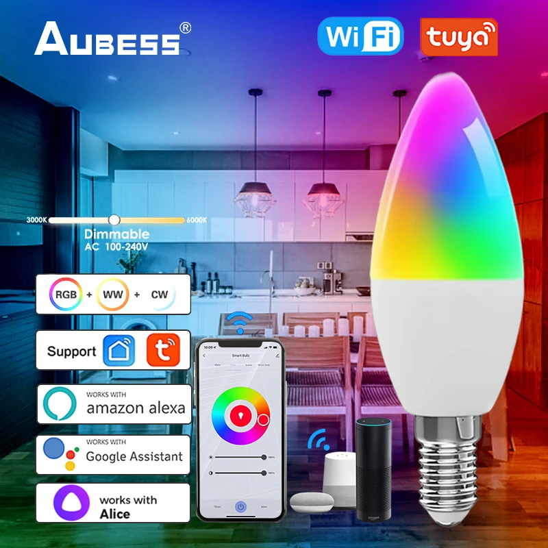 AUBESS Tuya Intelligent Lamp Brightness Adjustable Wifi Smart Light Bulb Tuya Wifi Candelabra Lamp E14 RGBCW Light Bulb Lighting