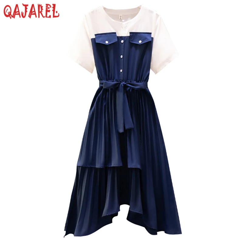 

Новинка 2024, синее асимметричное плиссированное платье в стиле пэчворк, летнее элегантное офисное женское платье средней длины, женское винтажное корейское платье в повседневном стиле