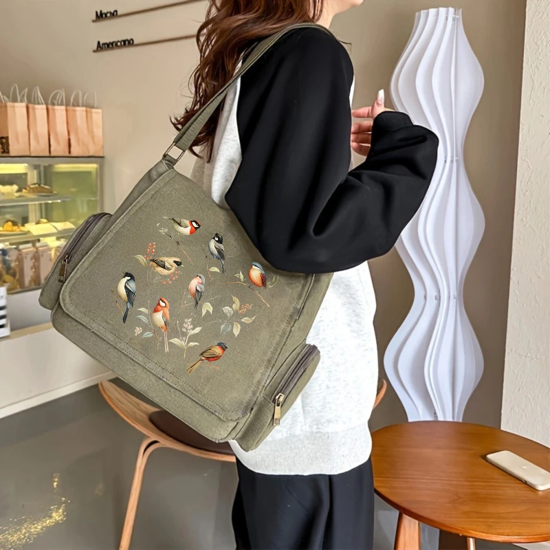 Vintage Women's Shoulder Bag Bird Print Canvas Messenger Bag Large Capacity Daily Use Crossbody Bag