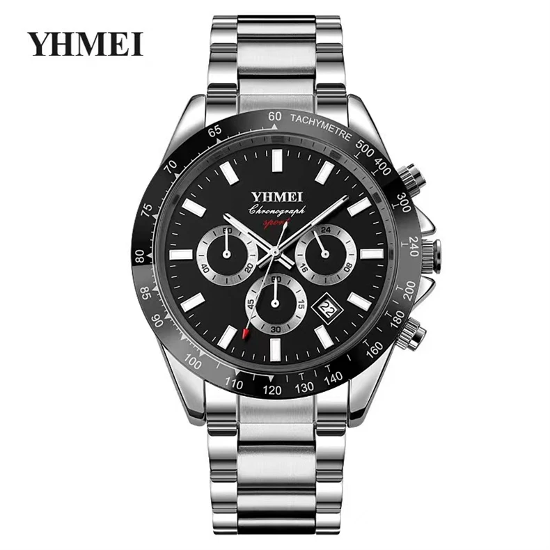 2022 New Casual Sport Chronograph Men's Watches Stainless Steel Band Wristwatch Big Dial Quartz Clock with Luminous Pointers