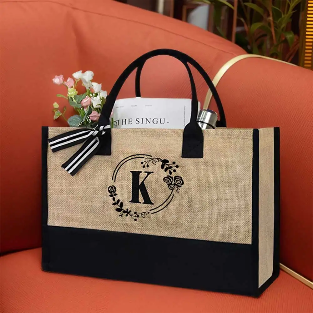 Women Jute Tote Bag Summer Beach Bag Large Capacity Personalized Tote Bag with Letter Linen Travel Handbag for Birthday Gifts