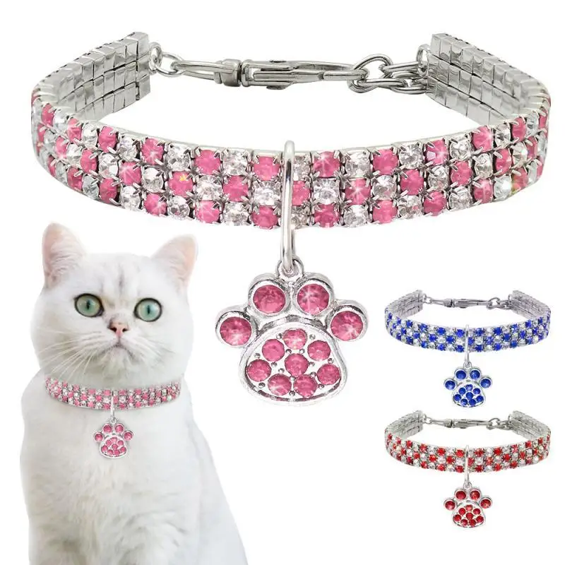 

New Diamond Crystal Pet Collar Heart Shaped Bone Print Cat Dog Necklace Pendant Elegant Princess Pet Jewelry Cat Accessories