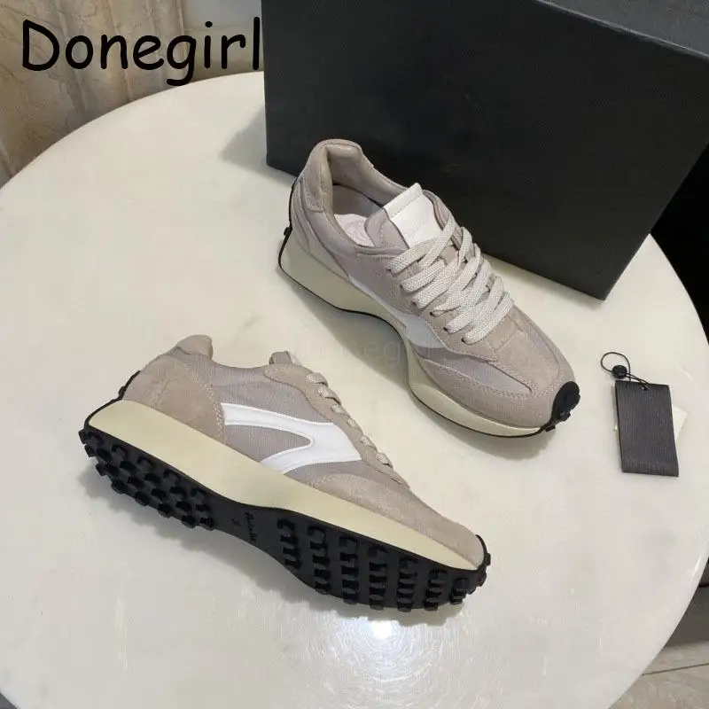 

Donegirl 2023 New Women Spring Autumn Genuine Leather Splicing Thick Bottom Casual Lacing Shoes Versatile Comfort Sneaker Chic