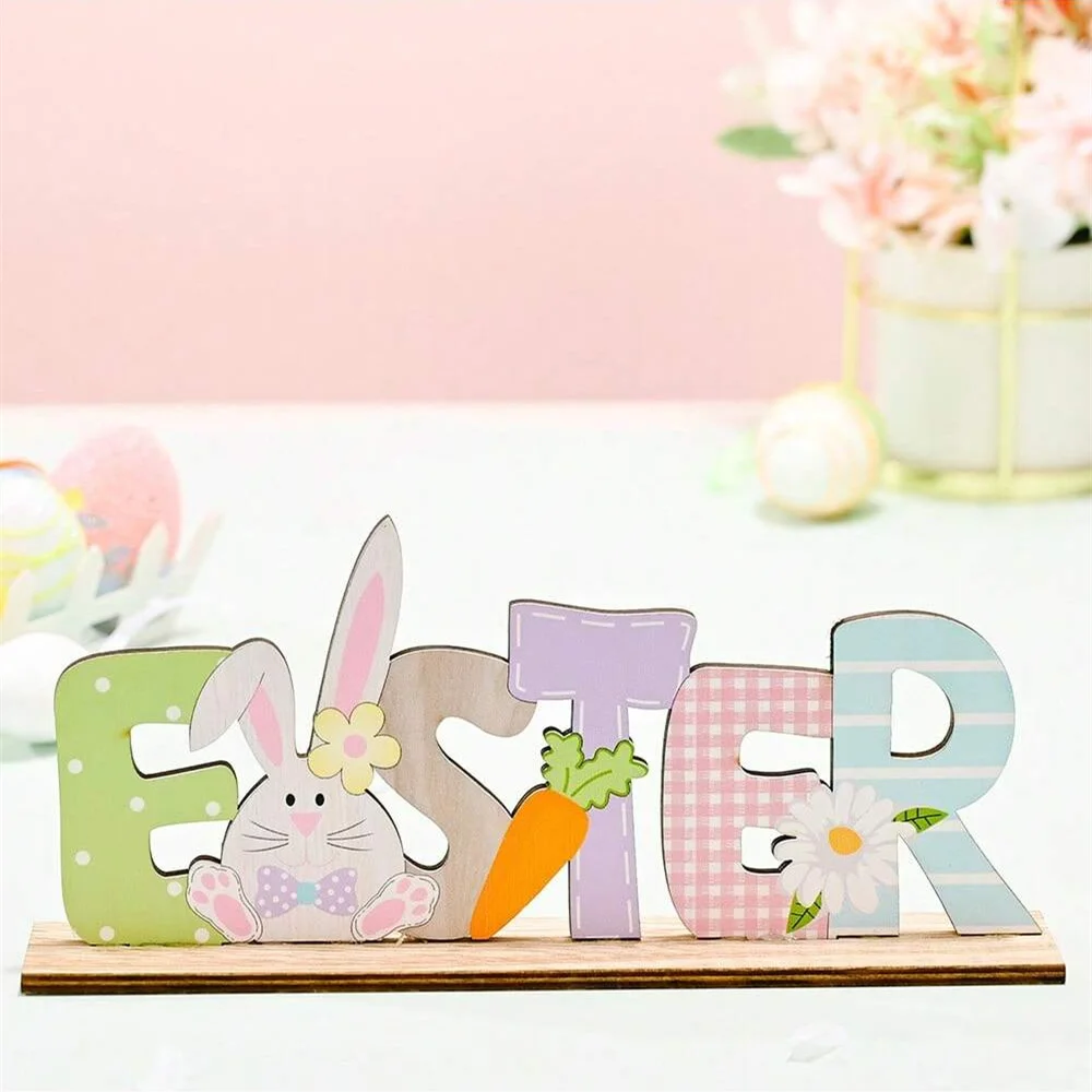 1pc Easter Decorations,Wooden Colored Letter Stand,Cartoon Rabbit Holding Egg Wooden Decor,Thematic Holiday Scenery Props