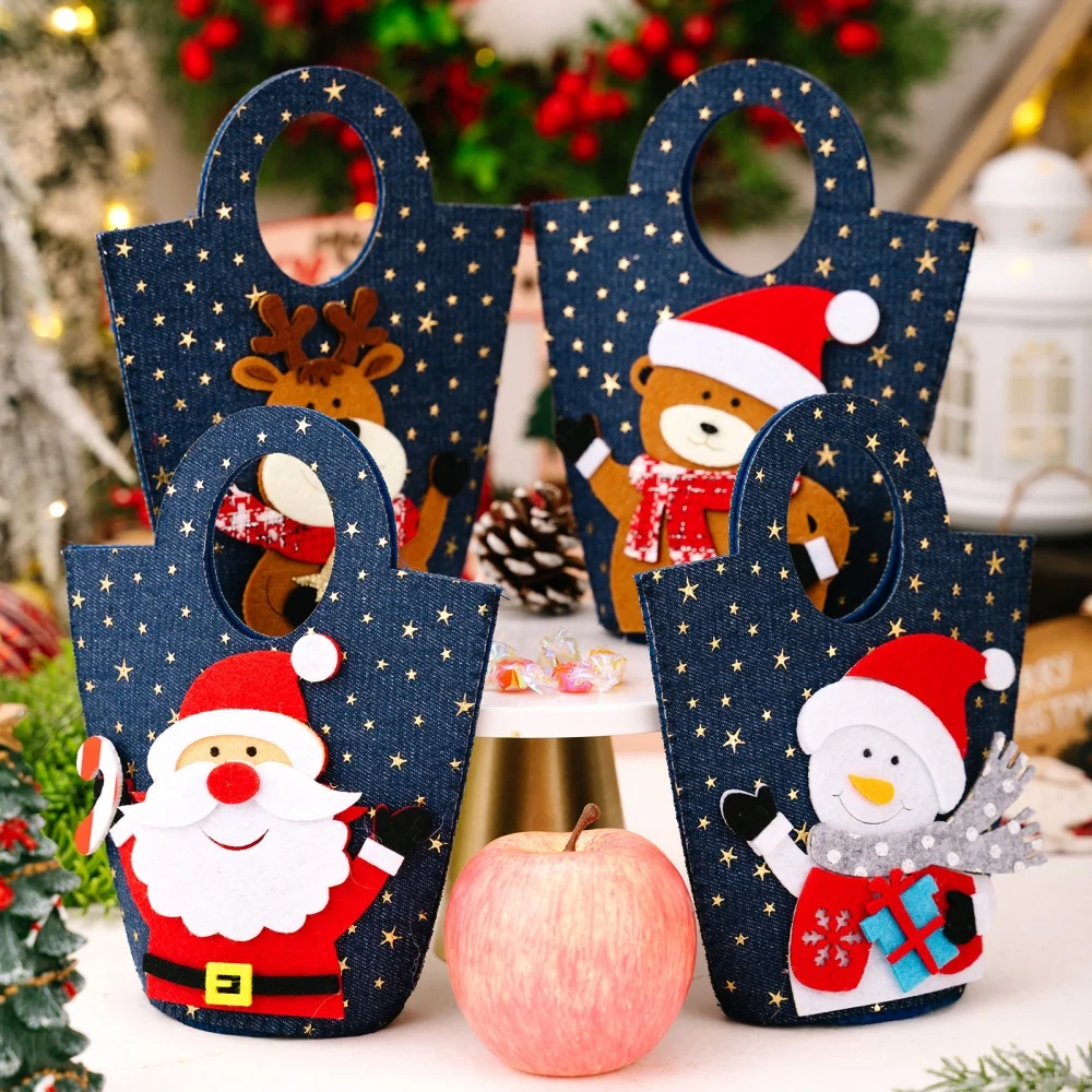 Christmas Cartoon Gift Bucket Children's Portable Candy Bag Santa Claus Snowman Elk Cloth Handbag for Kids Xmas Party Supplies