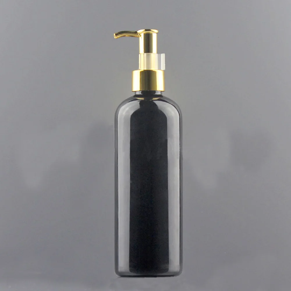 300ml&500ml Black color Round Refillable Squeeze PET Portable plastic lotion bottle with alumite gold color pump