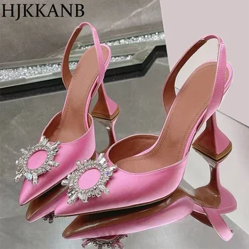 Spring Summer High Heels Pointed Toe Pumps Women Satin Sunflower Crystal Decor Back Strap Sandalias Sexy Wedding Bride Shoes 1