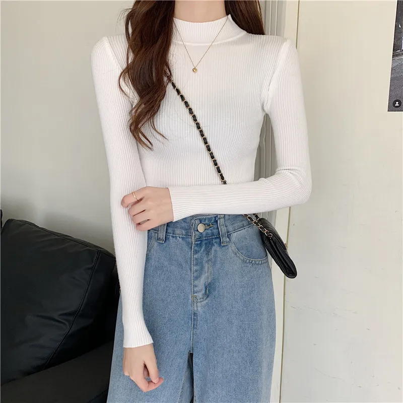 short sleeve cardigan Autumn Winter New Long Sleeve Pullover Sweater Solid Color Korean Version Half High Collar Slim Fit Knitted Bottomed Shirt Top blue sweater