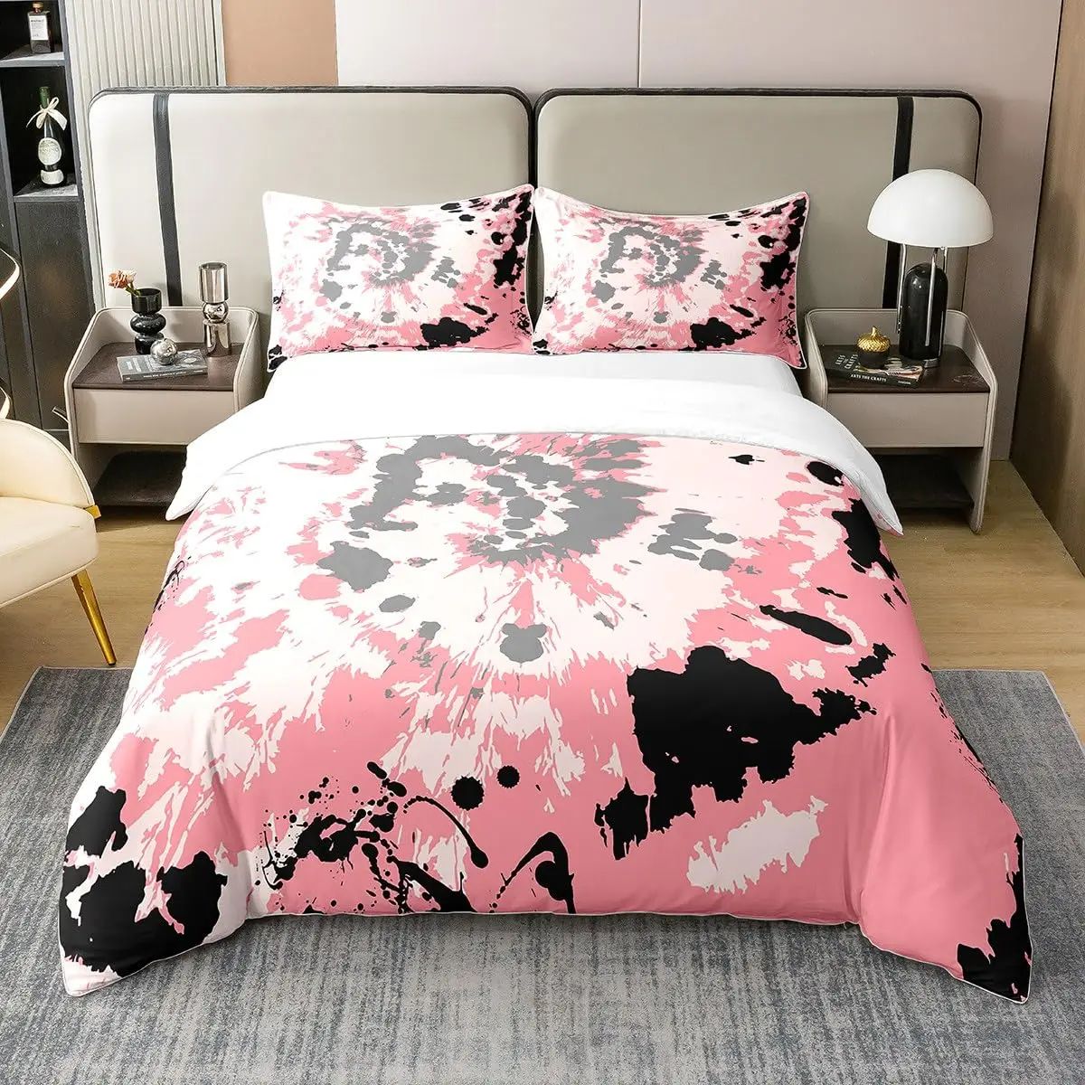 

Pink Black Grey Bedding Set Full Size Kids Abstract Art Comforter Cover Set Modern Striped Art Duvet Cover Room Decor 3 Pieces