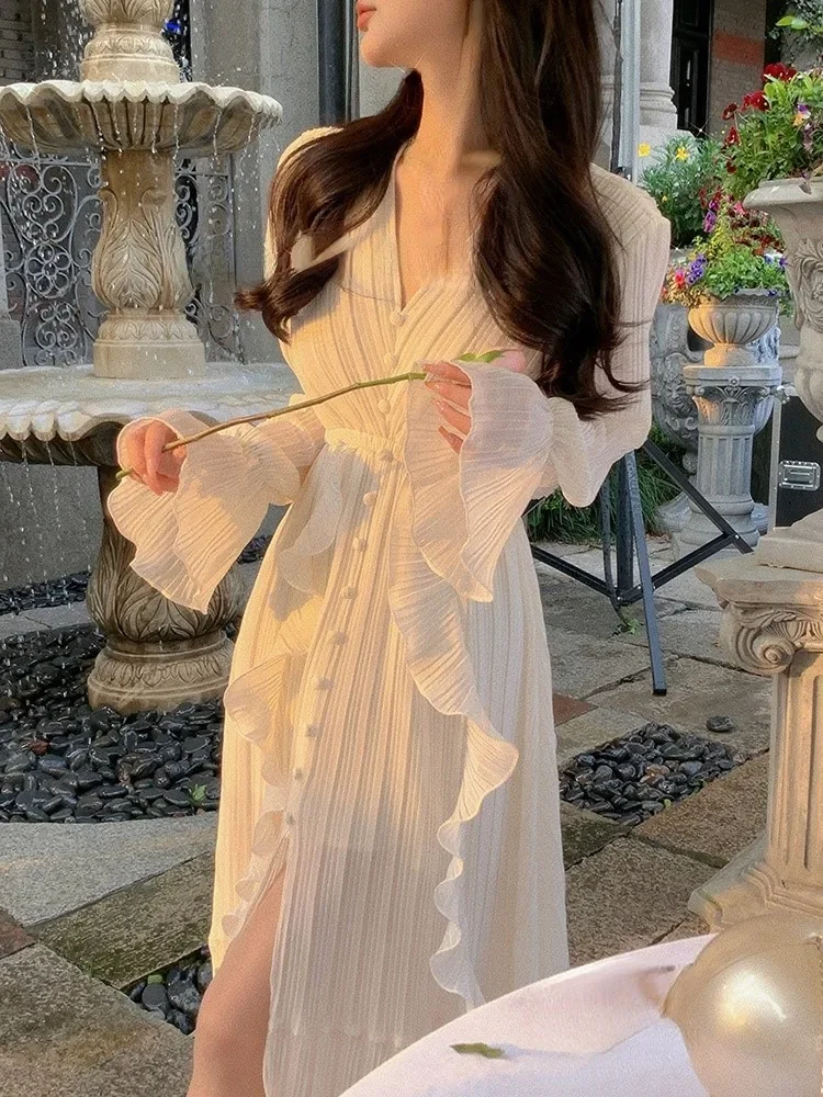 

Pure Color French Elegant Dress Woman Long Sleeve Fairy Midi Dress Casual 2022 Summer Slim Party One Piece Dress Korean Design
