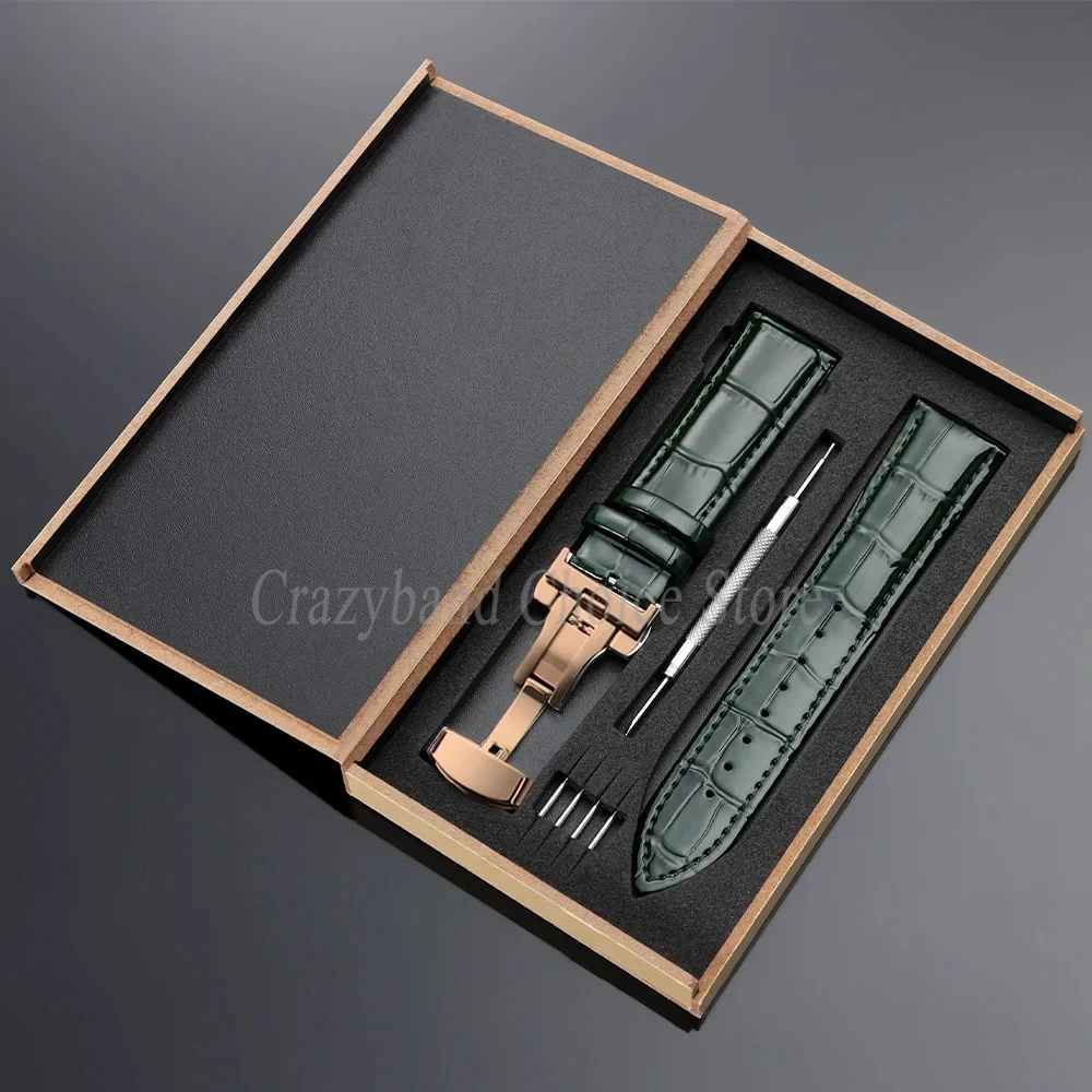 Elegant Leather Watch Strap with Metal Butterfly Clasp and Wooden Box (14mm-22mm)