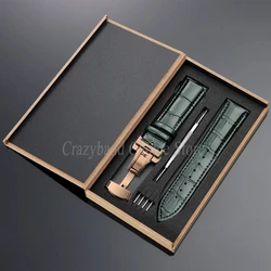 Elegant Leather Watch Strap with Metal Butterfly Clasp and Wooden Box (14mm - 22mm) - 22mm (Green - Rosegold)