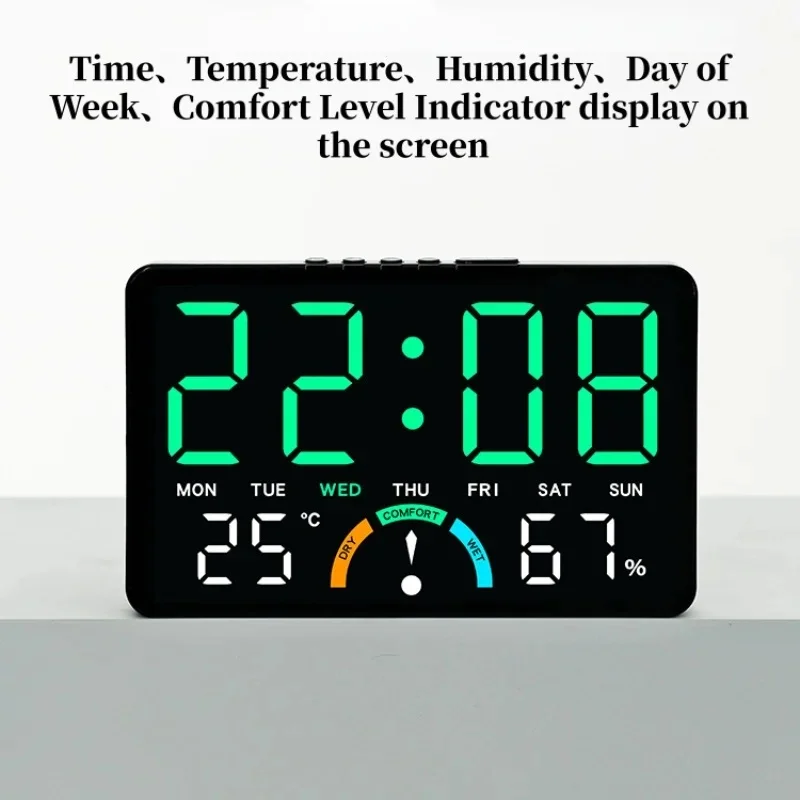 Digital Alarm Clock TEMP Humidity Week Comfort Level Dual Alarm Snooze Table Clock 12/24H Timer Auto Dimmable LED Wall Clock