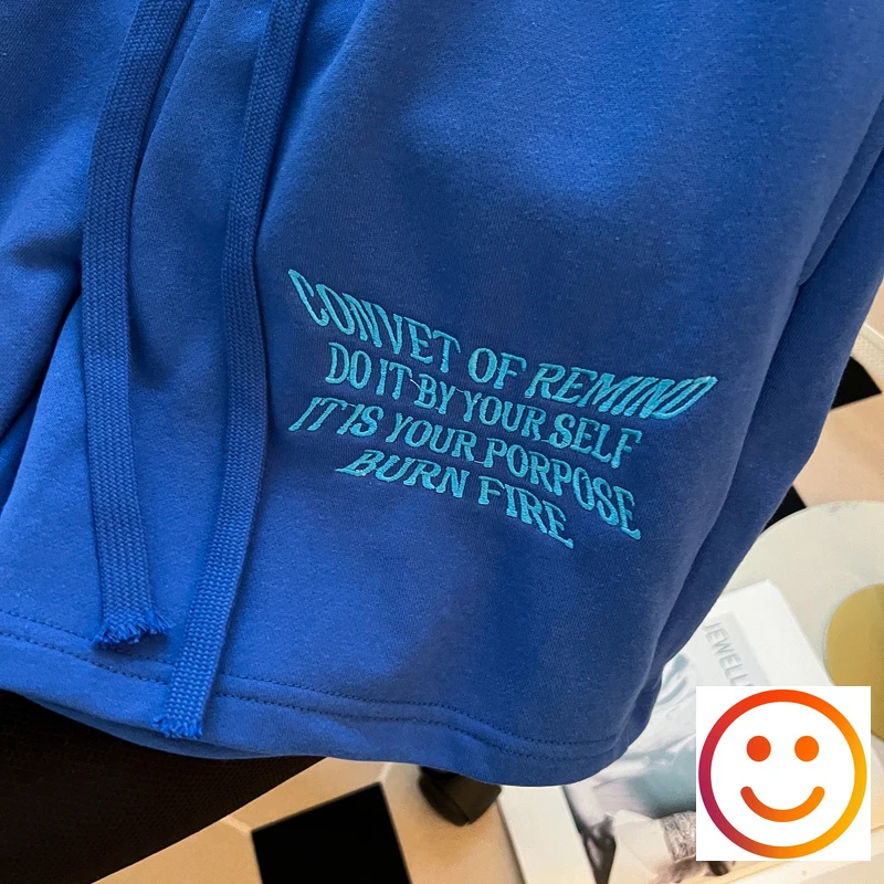 Hip Hop Flame Patch Embroidery Loose Straight Five Track Shorts Men Women Victory Match Sweatpants Drawstring Sport Shortpant