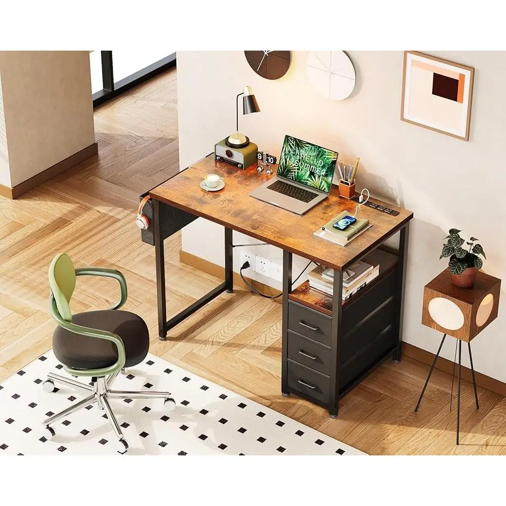 Small Computer Desk with Power Outlets and Storage Drawers Home Office Study Room Kids Bedroom 3