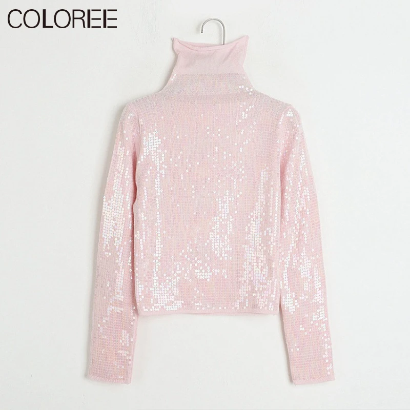 

Luxuy Sequined Turtleneck Women Knitted Sweater Elegant Pink White Black Pull Hiver Femme Korean Fashion Winter Clothes 2023