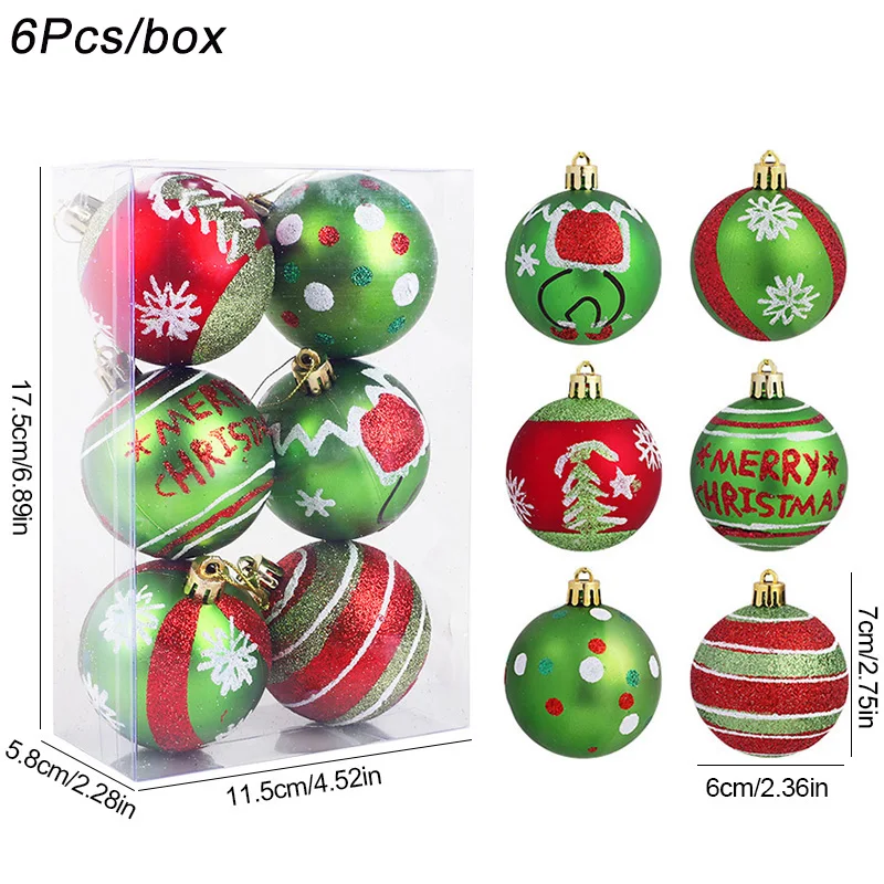 6pcs 6cm Painted Christmas Ball Decorations Green Monster Xmas Tree Ornaments Hanging Pendant 2026 New Year Party Home Decor
