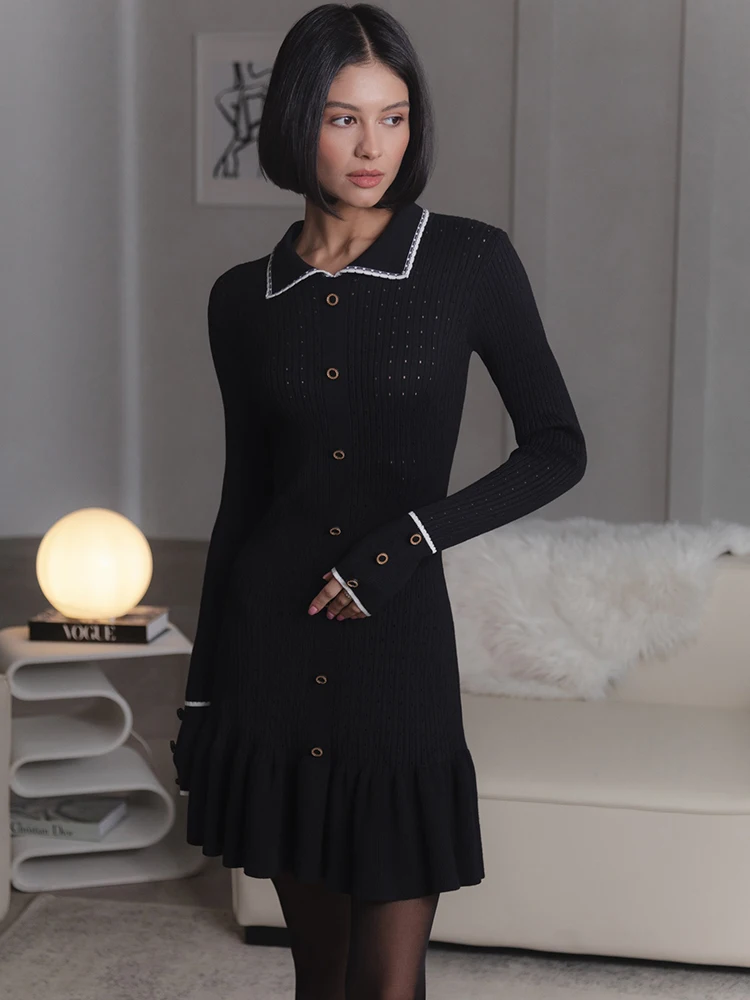 JULISSA MO Knitted Turn-down Collar Women Dress White Long Sleeve Single Breasted Dress Female Autumn Skinny Elegant Streetwear