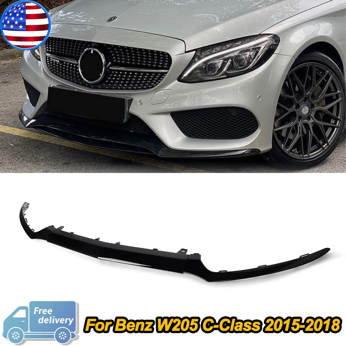 Front Splitter For Mercedes-Benz W205 C180/C200/C250/300 Sport Black 2015-2018 3PCS Front Bumper Lip Trim Molding