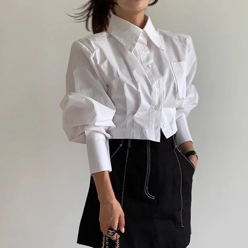 Frühling Sommer Freizeithemd Damen Hemden Crop Tops Mode Damen Langarm Einfarbig Schnürbluse Bürodame Weiße Hemden – Detail 4