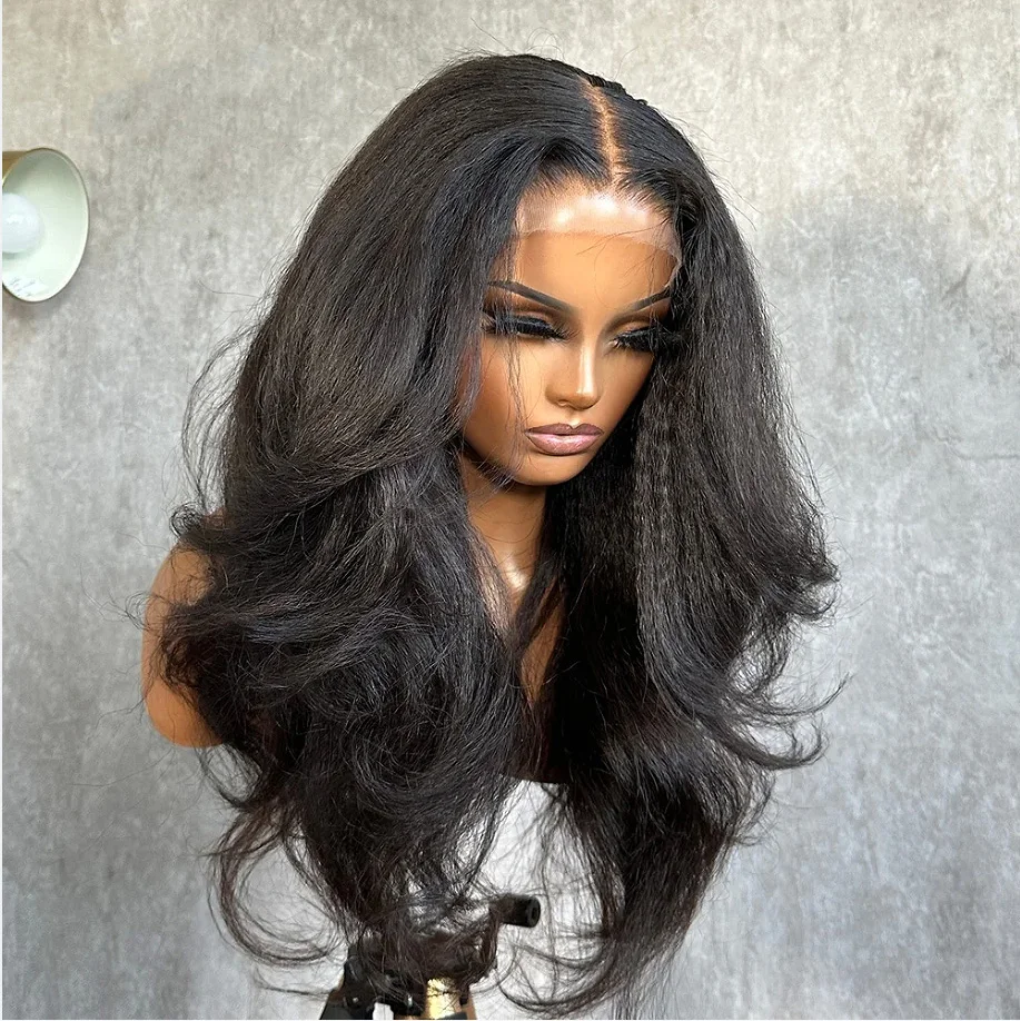 Double Texture Soft Body Wavy Kinky Straight Yaki 26Inch Long 180%Density Glueless Lace Front Wig For Black Women With Baby Hair