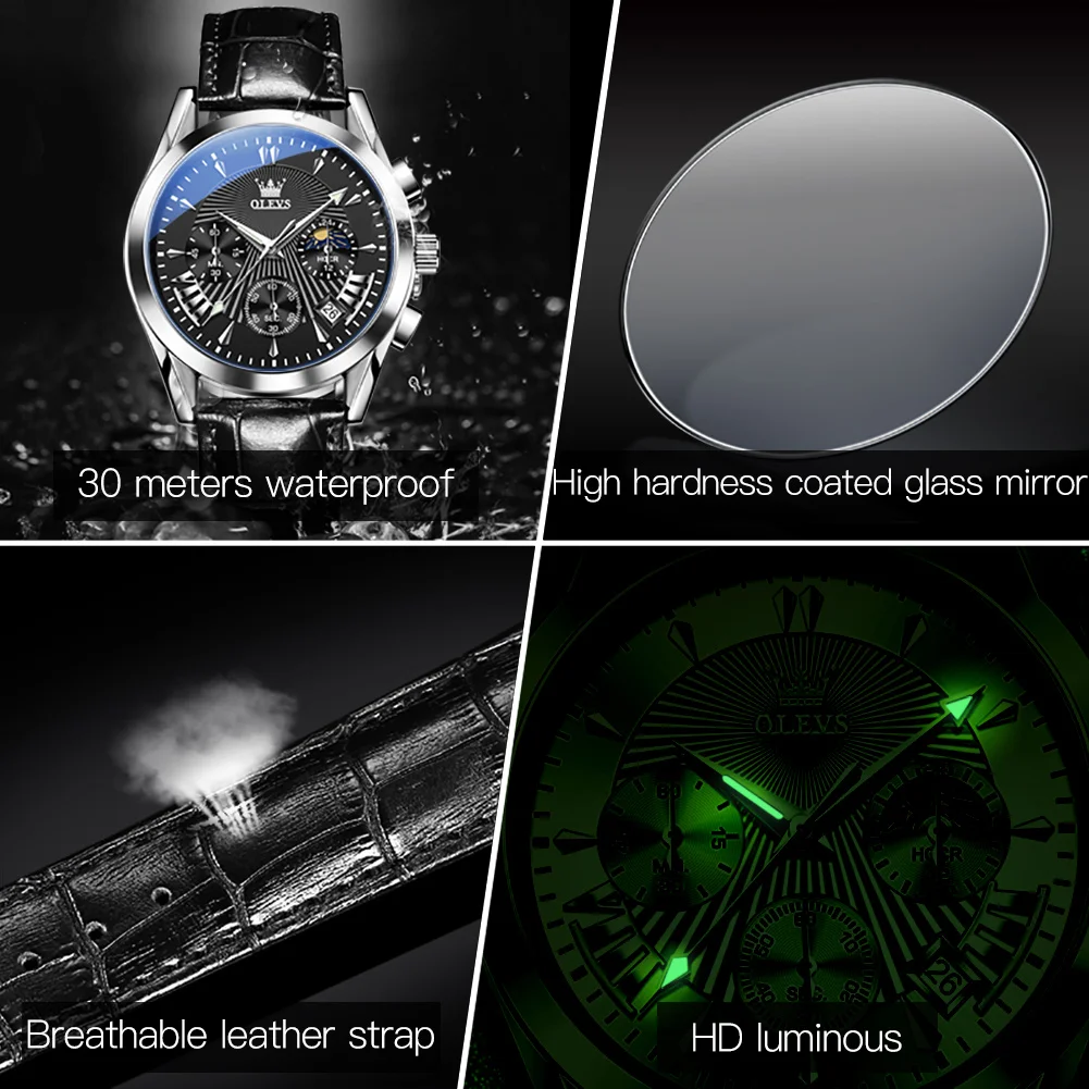 OLEVS 2876 Quartz Mens Watches Luxury High Quality Original Sports Fashion Waterproof Leather Top Brand Luminous Wristwatch Gift
