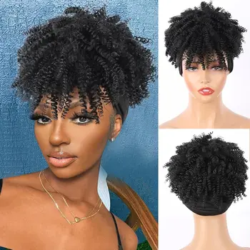 Afro Ombre Brown Headband Wig Short Afro Wigs for Black Women Synthetic Afro Kinky Curly Headband Wig with Bangs for Women Natu