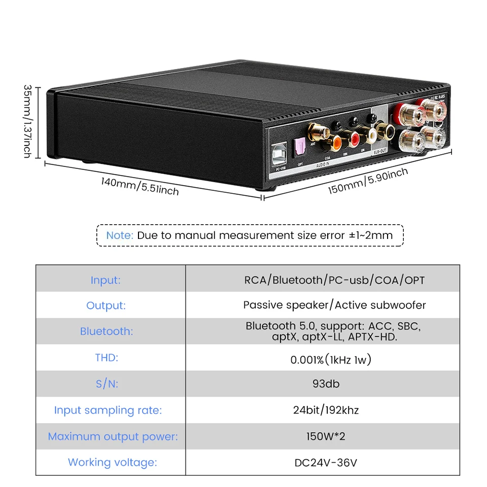 AIYIMA Audio D03 HiFi Bluetooth 5.0 Amplifier 2.1 Wireless Digital Sound Power Subwoofer Amplificador 150Wx2 USB DAC Stereo