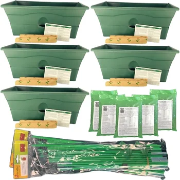 Self-Watering GrowBoxes, Natural Fertilizer Covers, Soil Sweetener with Staking Kit (Green, 5 Grow Boxes, Natural Fertilizer, 2