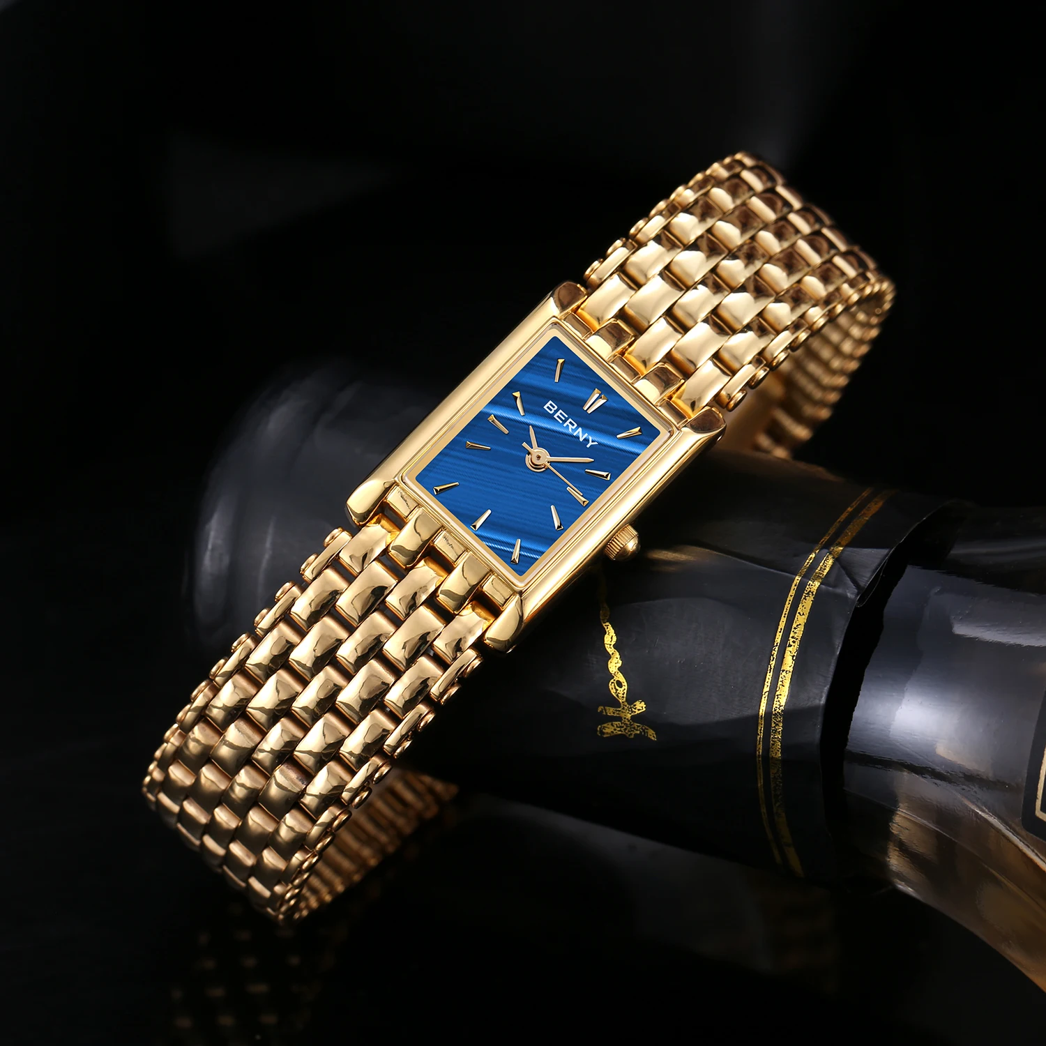BERNY Luxury Women Quartz Watch Golden Female Clock Stainless Steel Gold Women Rectangle Fashion Waterproof 3ATM Wristwatch