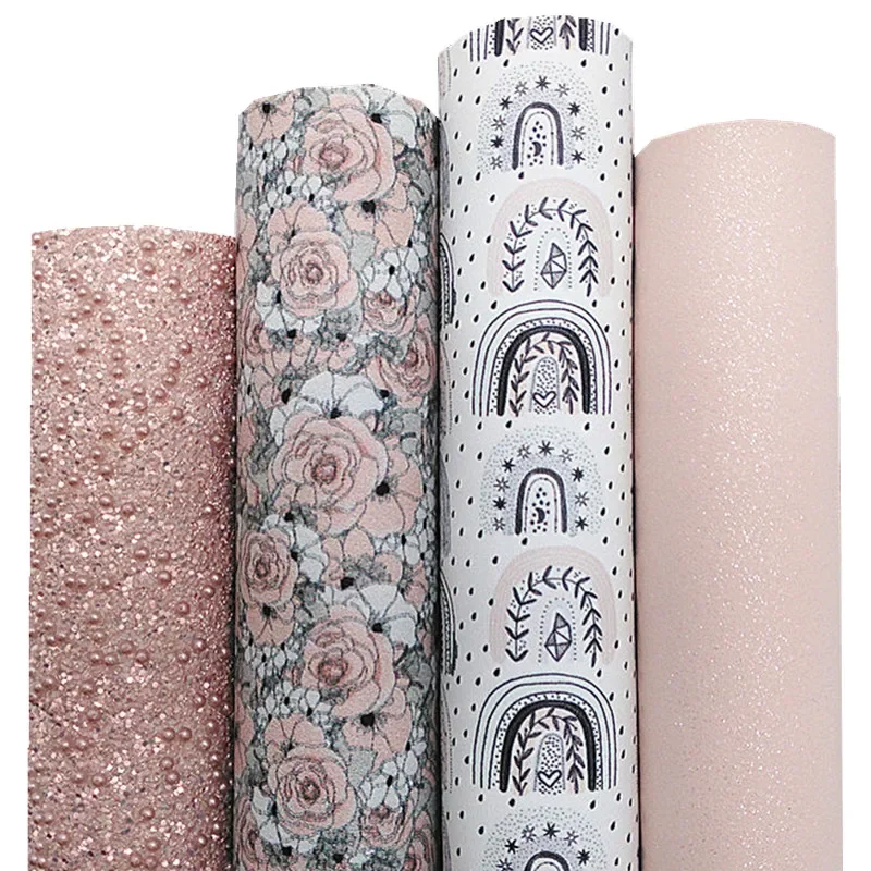 Printed Leather Sheets Pearls Beading Glitter Leather Flowers Rainbow Printed Synthetic Leather Vinyl Sheets For Bows DIY Q649