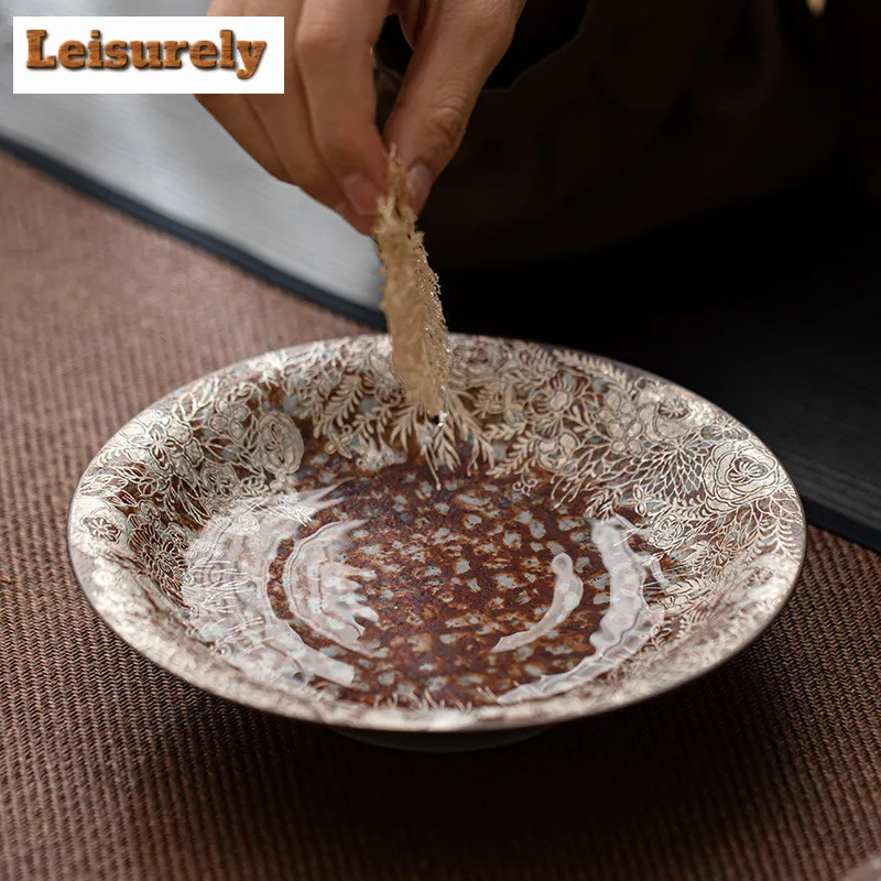 Flower Gilded Silver Old Rock Mud Coarse Pot Bearing Holder Vintage Dry Brew Table Tea Tray Fruit Sanck Plate Teaset Decoration