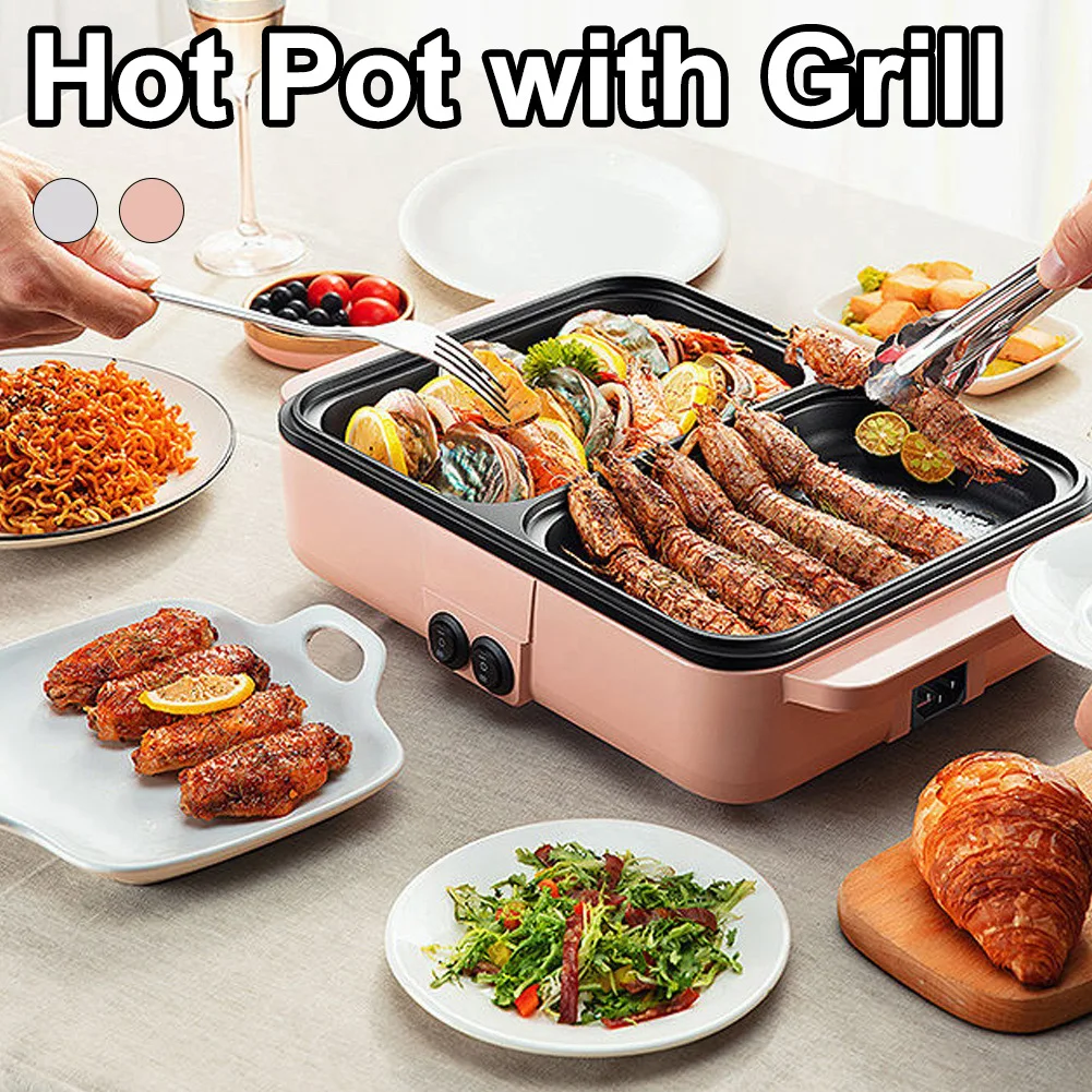 

1200W 2 in 1 Electric Hot Pot Cooker BBQ Grill 110V/220V Multifunctional Electric BBQ Grill Non Stick Plate Barbecue Pan Hot Pot